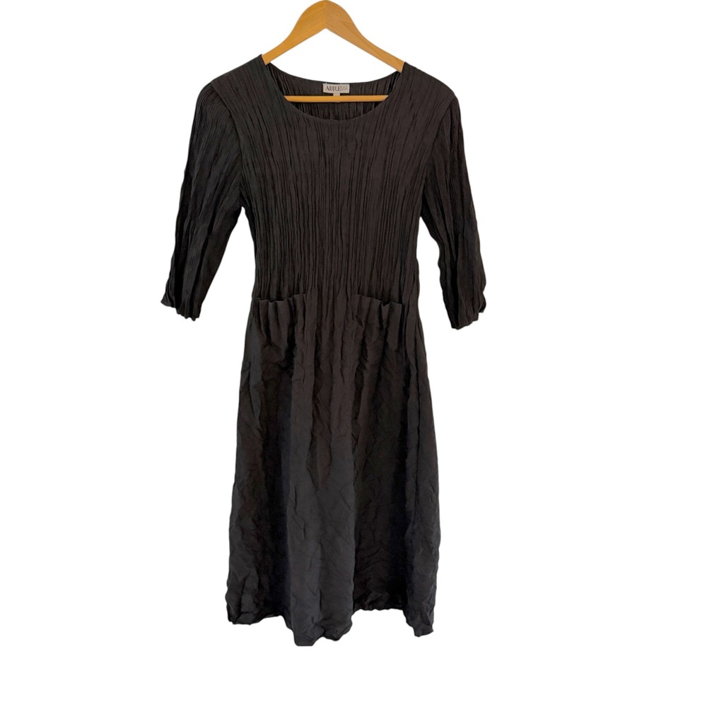 Alquema Smash Pocket Dress Size 0/US 2-4 Black 3/4 Sleeve Minimalist Pleating